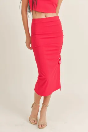 Sage the Lablel Bold Girl Side Ruched Midi Skirt in Red