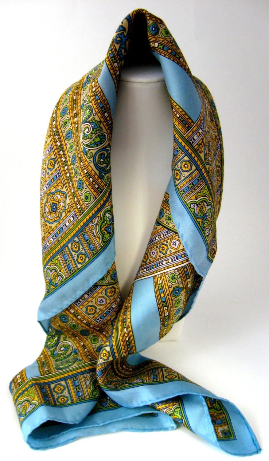 Scarf Paisley Turquoise Tile Design Acetate 1960s Fashion Square Retro Chic 28 Inch