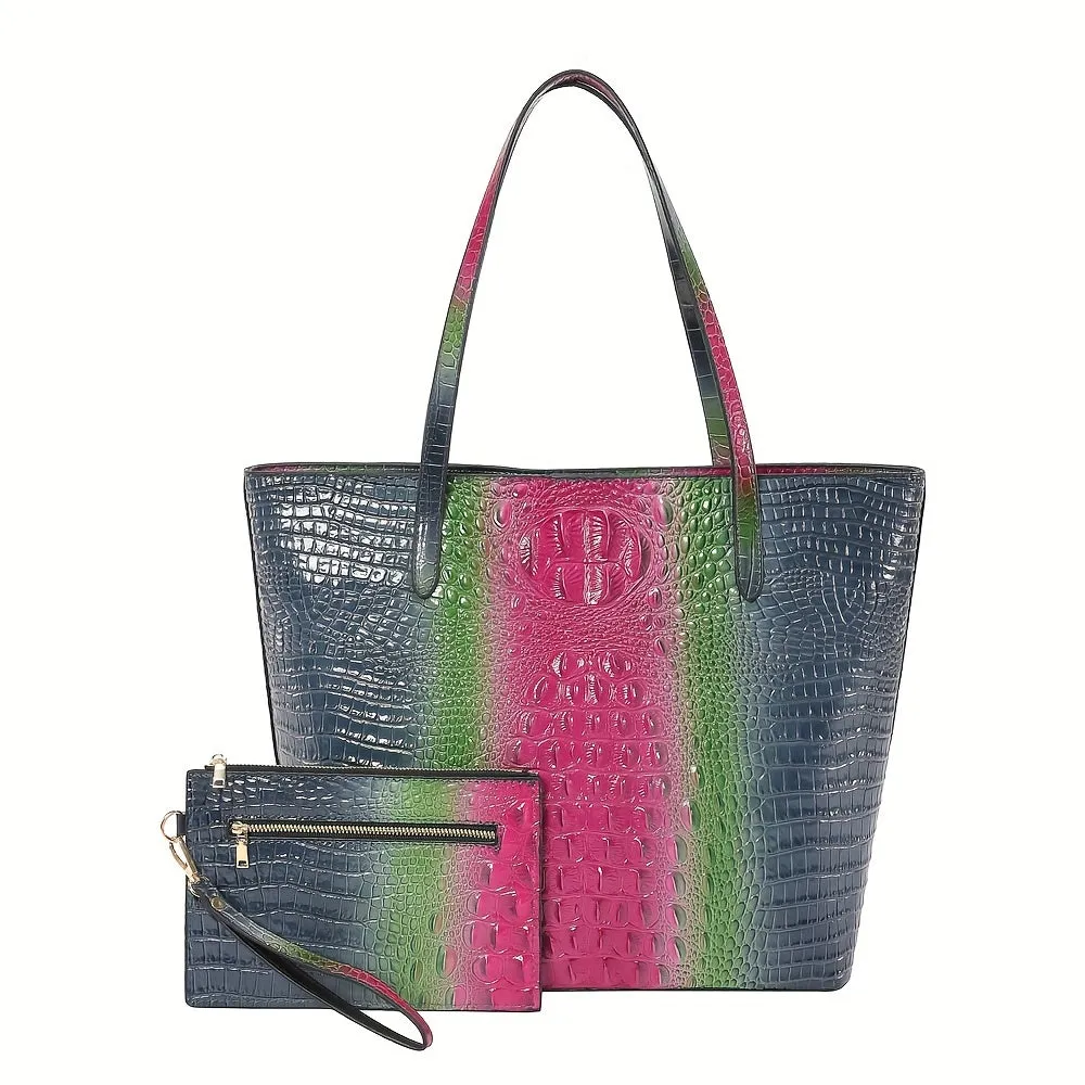 Shimmering Crocodile Pattern Luxury Handbag Set - Spacious Tote & Chic Clutch - Gradient Colorblock Shoulder Bag for Fashion-Forward Women