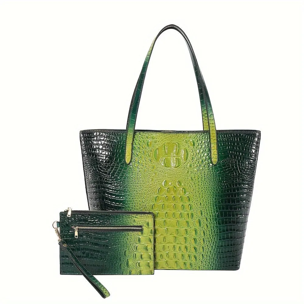 Shimmering Crocodile Pattern Luxury Handbag Set - Spacious Tote & Chic Clutch - Gradient Colorblock Shoulder Bag for Fashion-Forward Women