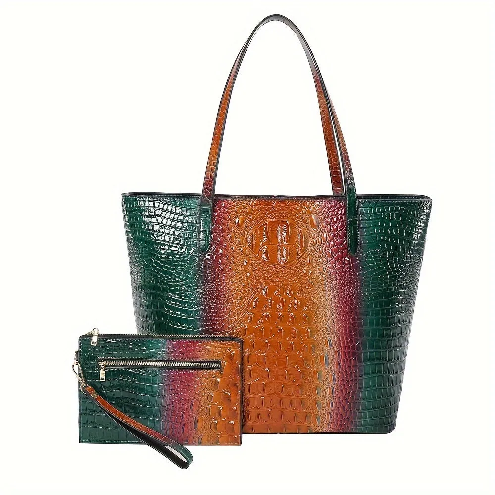 Shimmering Crocodile Pattern Luxury Handbag Set - Spacious Tote & Chic Clutch - Gradient Colorblock Shoulder Bag for Fashion-Forward Women