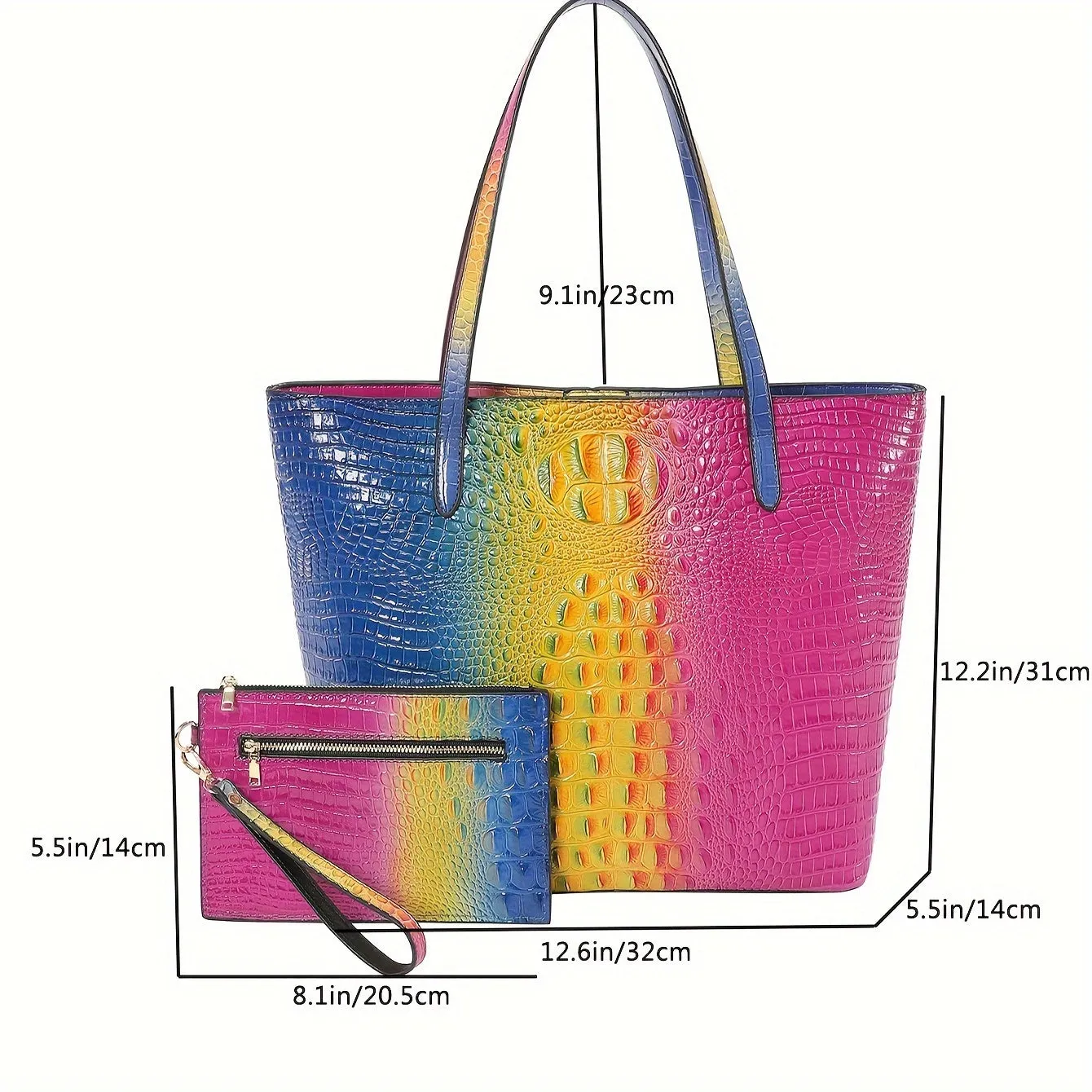 Shimmering Crocodile Pattern Luxury Handbag Set - Spacious Tote & Chic Clutch - Gradient Colorblock Shoulder Bag for Fashion-Forward Women