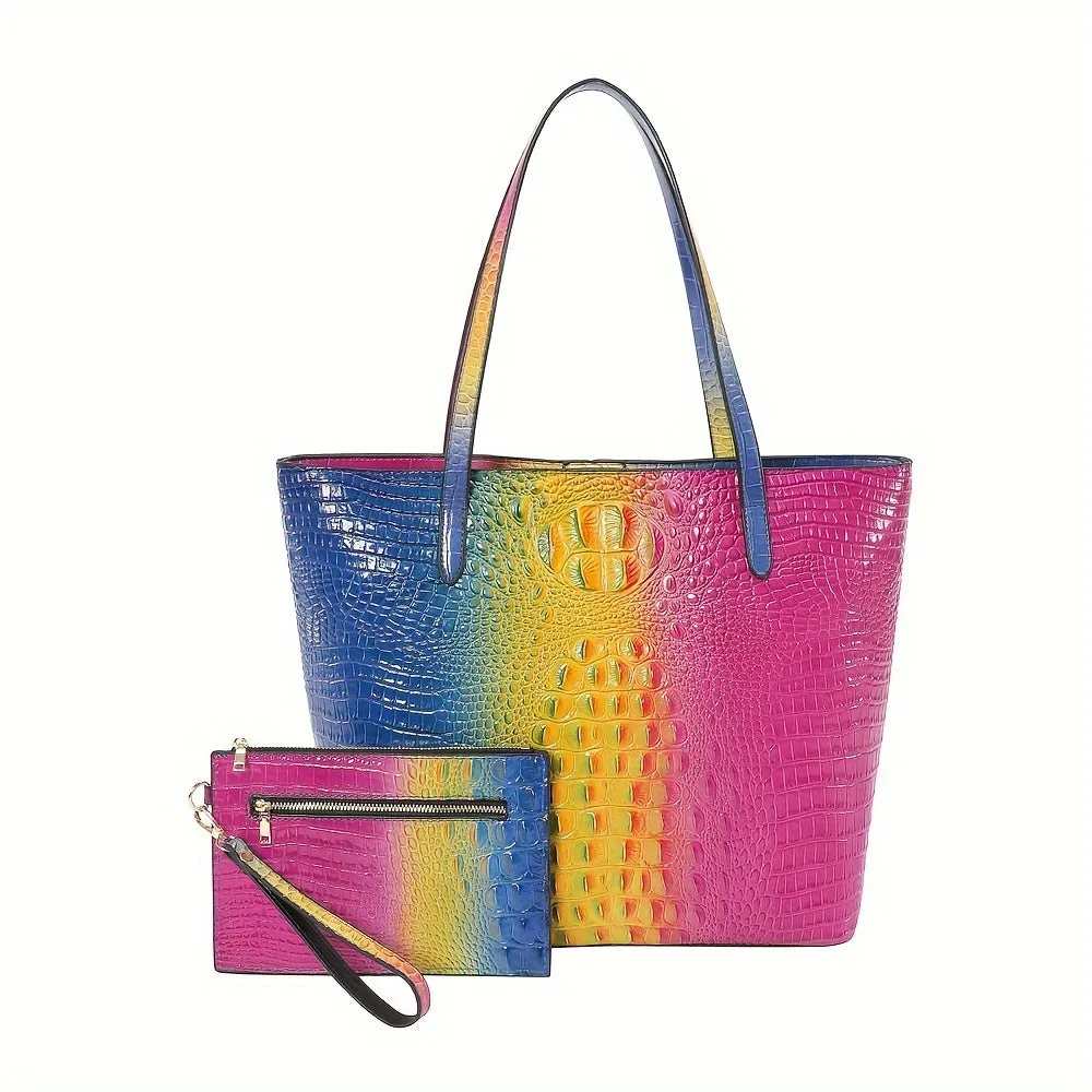 Shimmering Crocodile Pattern Luxury Handbag Set - Spacious Tote & Chic Clutch - Gradient Colorblock Shoulder Bag for Fashion-Forward Women