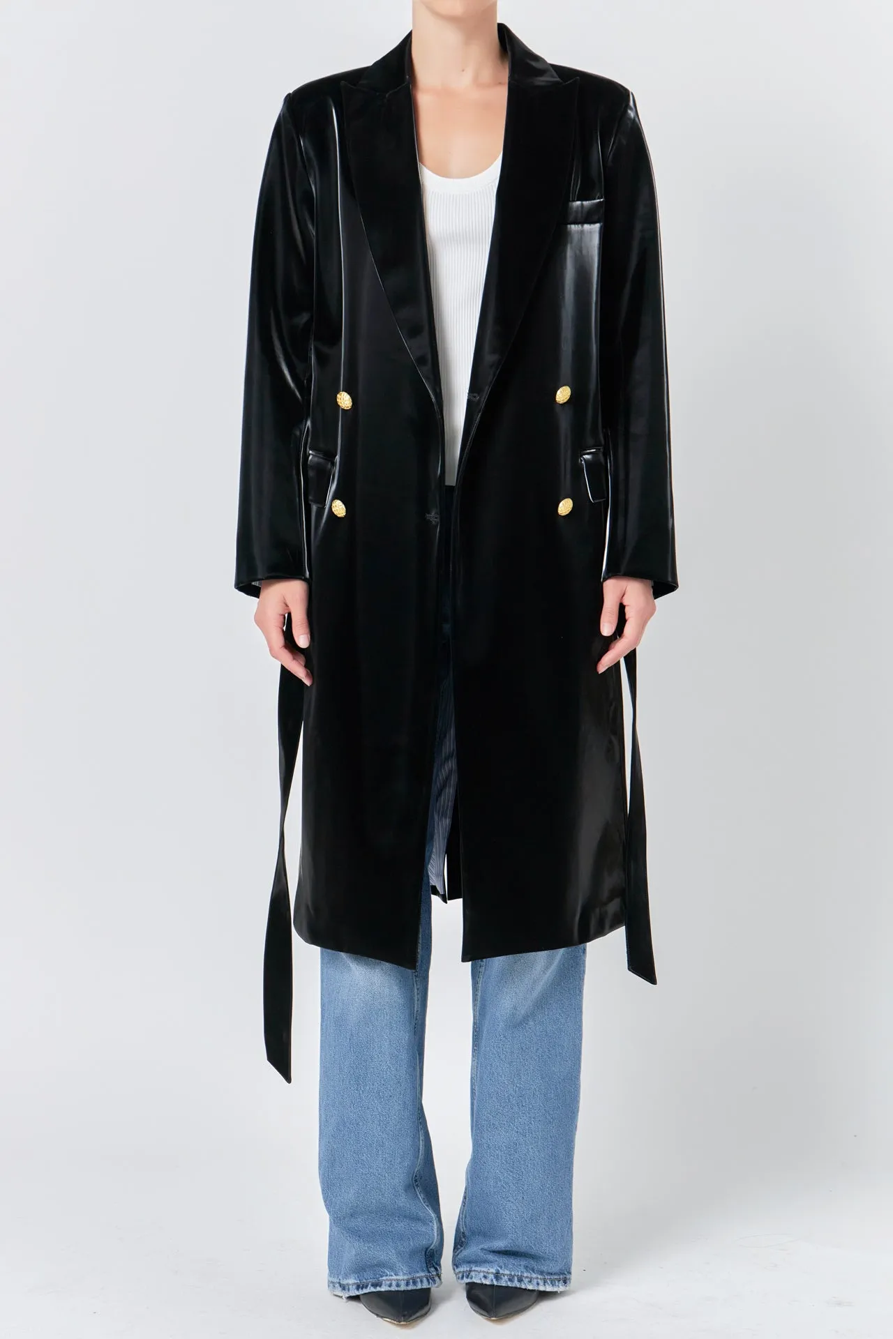 Shiny Faux Leather Trench Coat