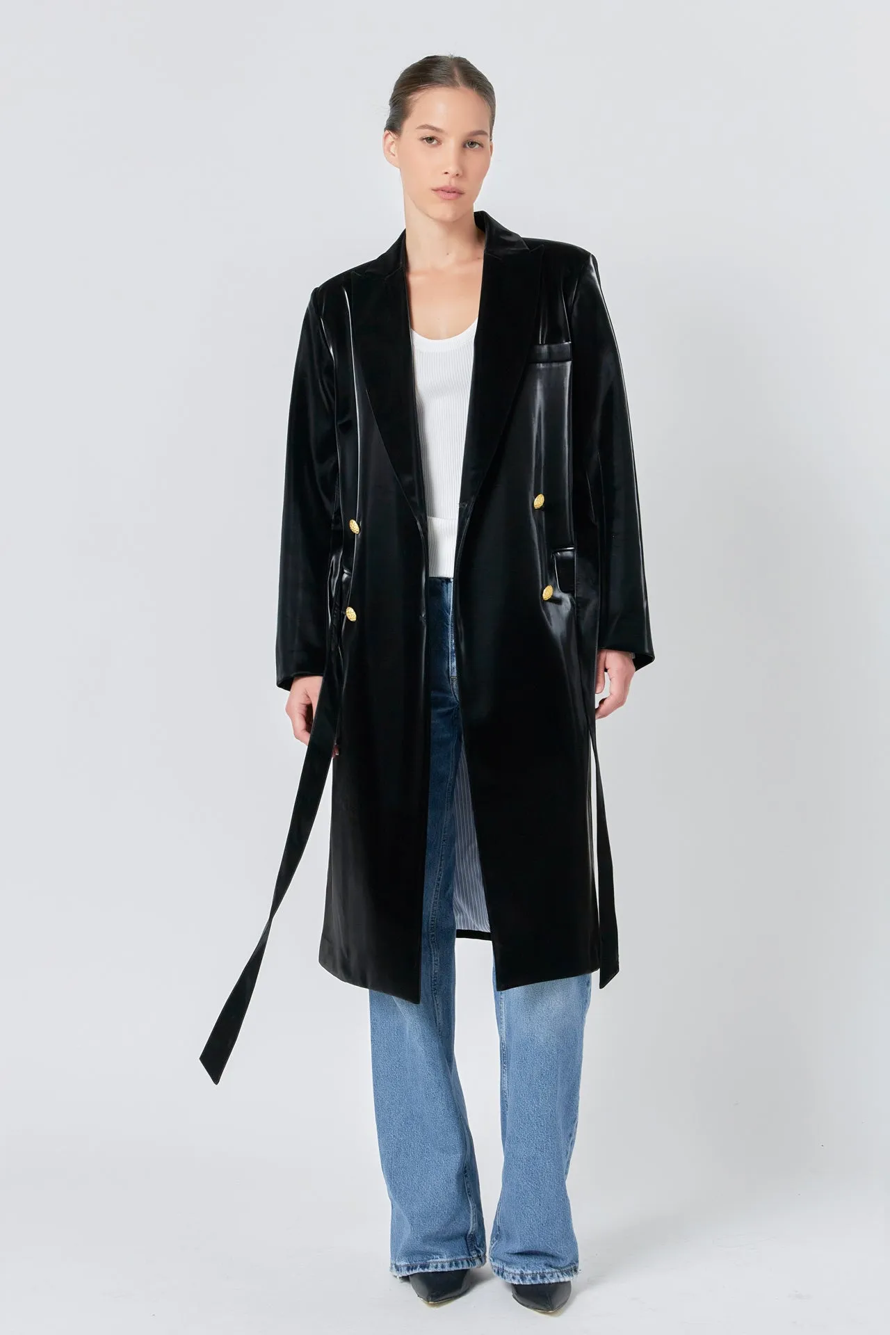 Shiny Faux Leather Trench Coat