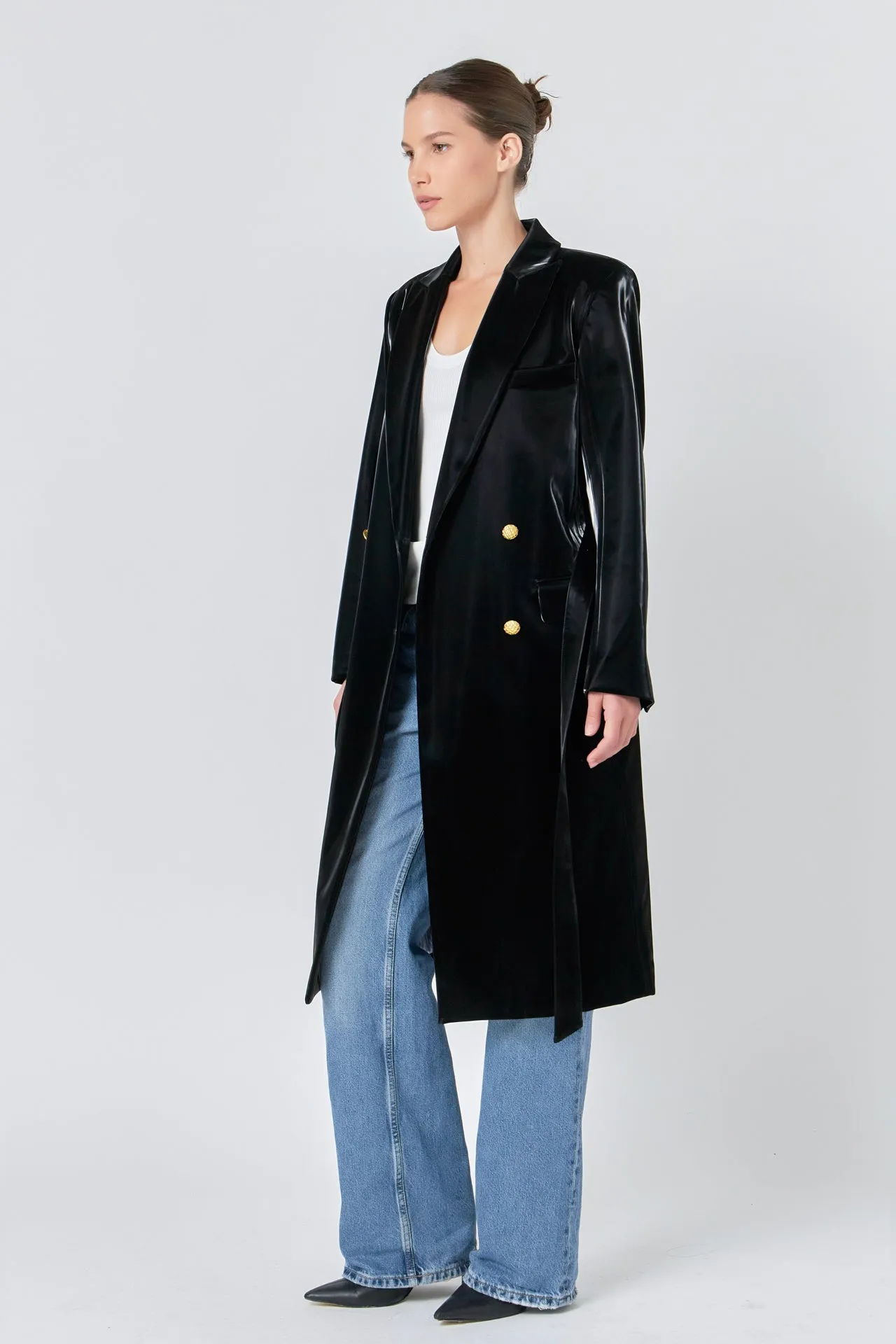 Shiny Faux Leather Trench Coat