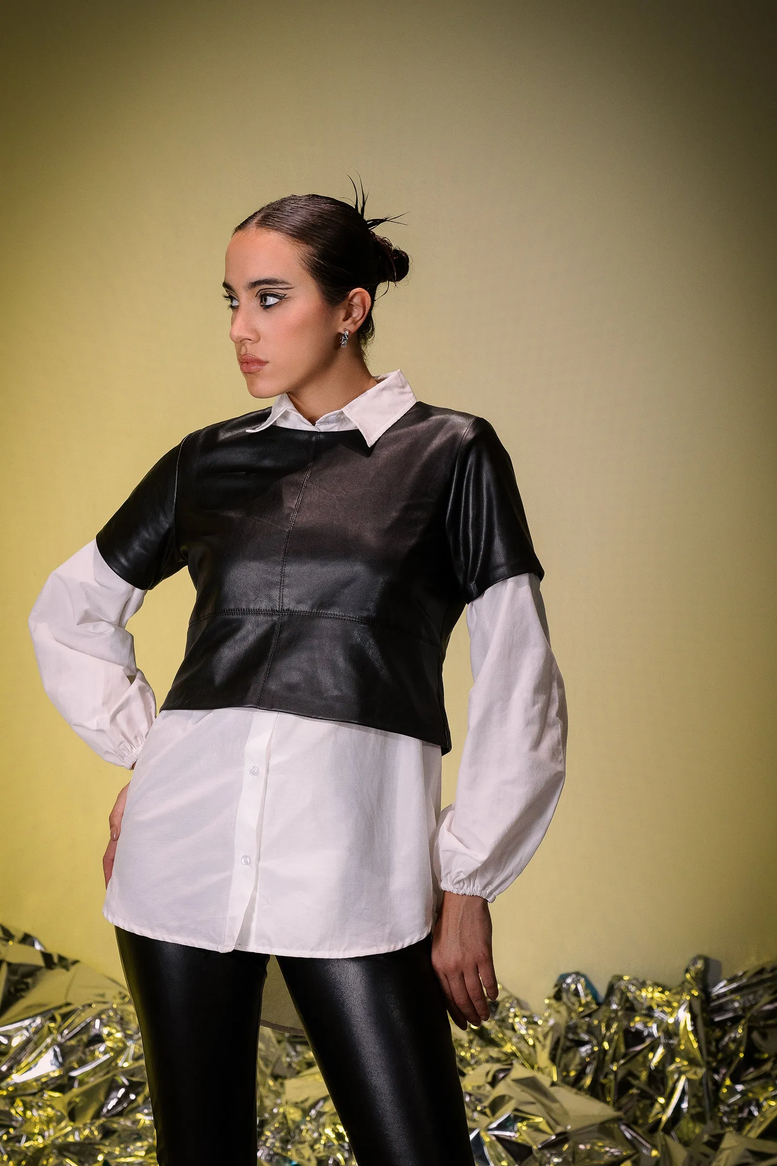 Short Sleeves Leather Top