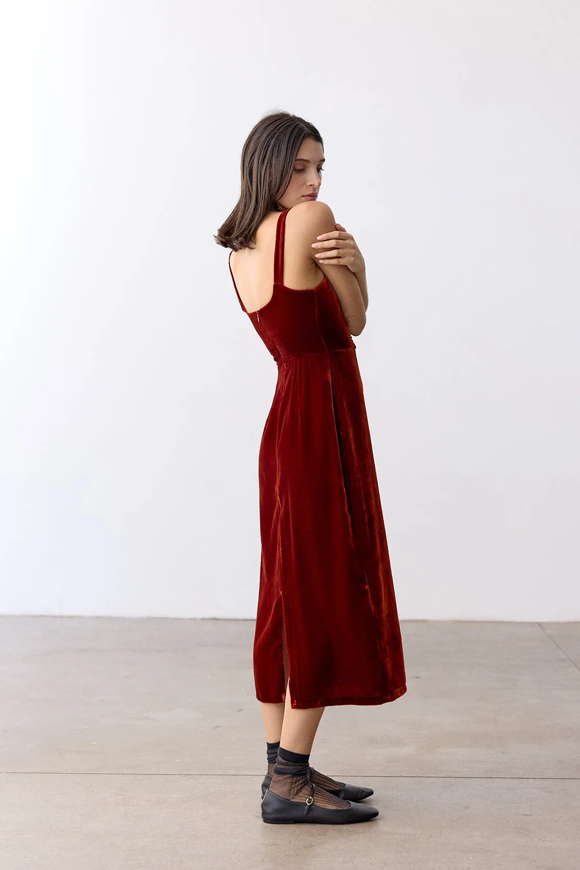 Silk Velvet Square Neck Dress - Paprika