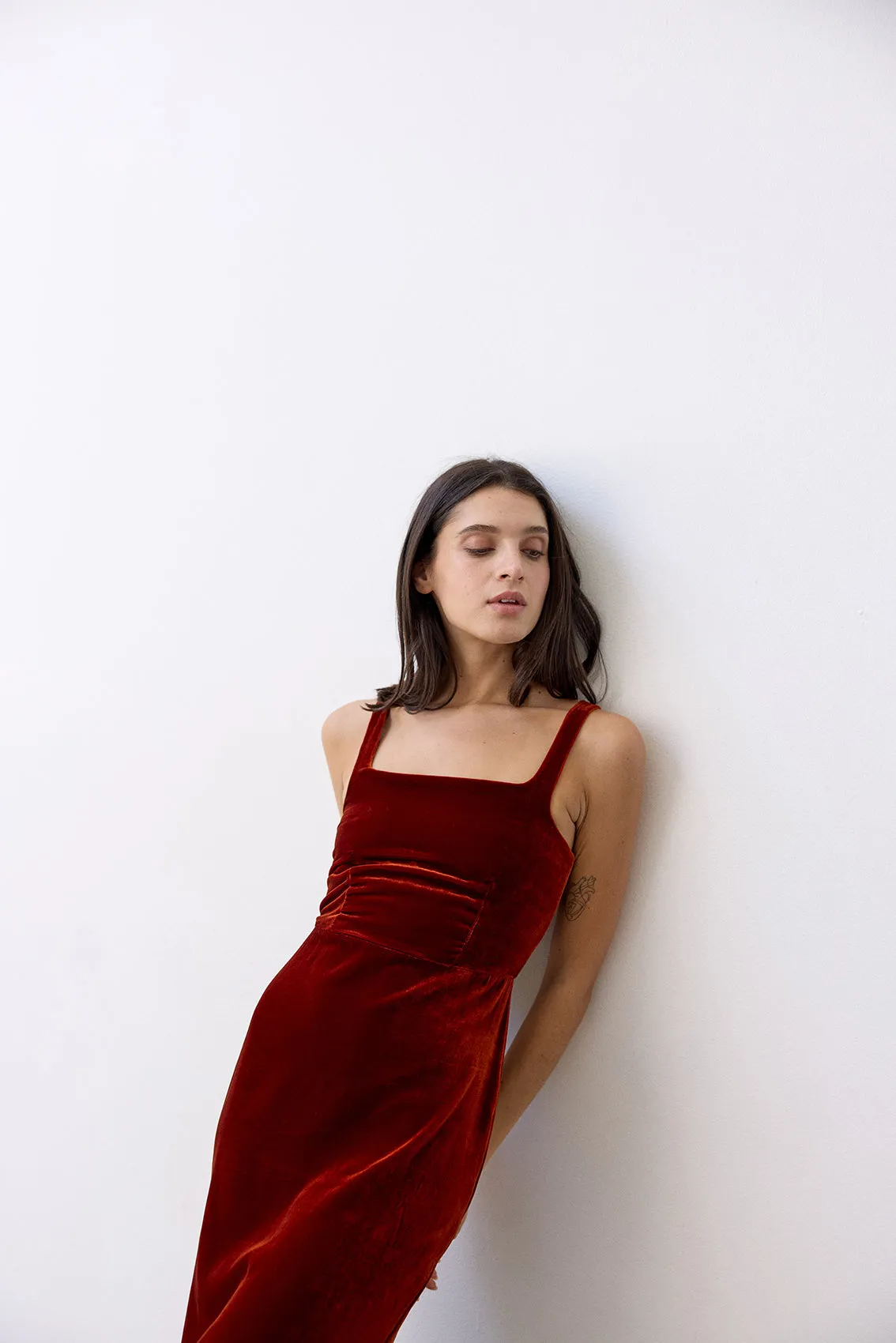 Silk Velvet Square Neck Dress - Paprika