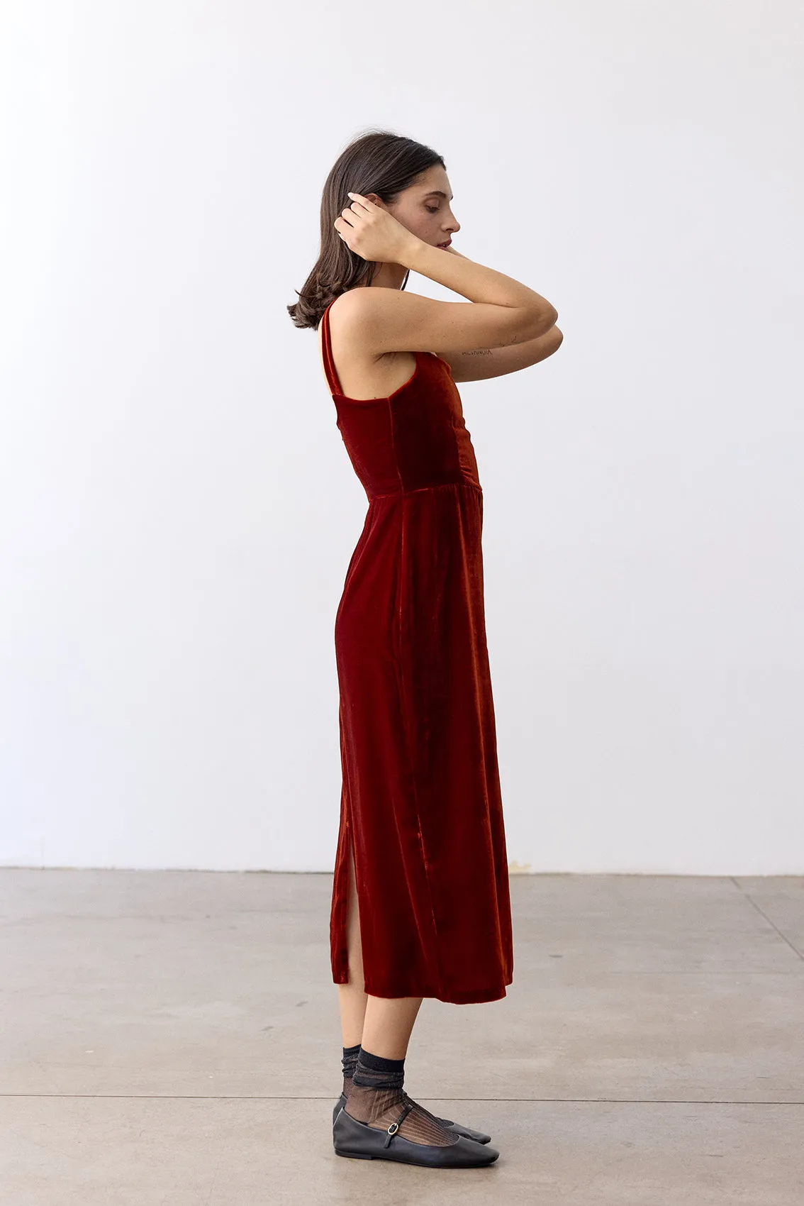 Silk Velvet Square Neck Dress - Paprika