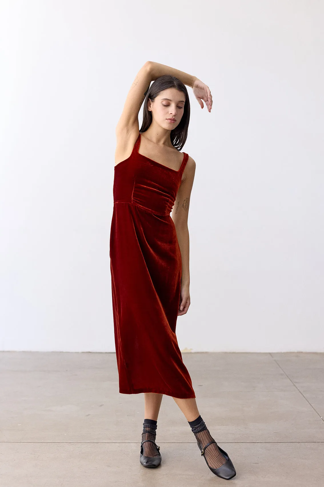 Silk Velvet Square Neck Dress - Paprika