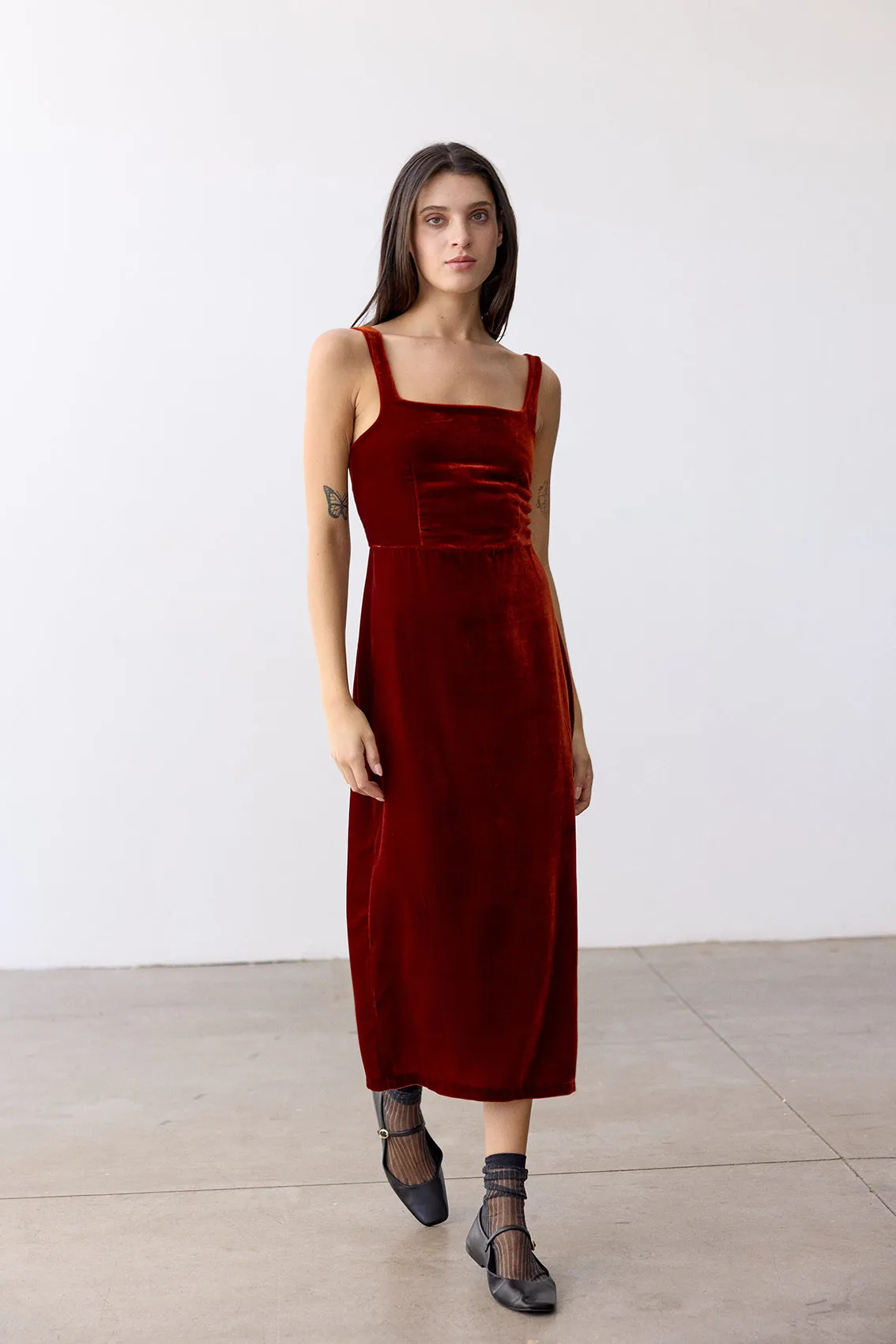 Silk Velvet Square Neck Dress - Paprika