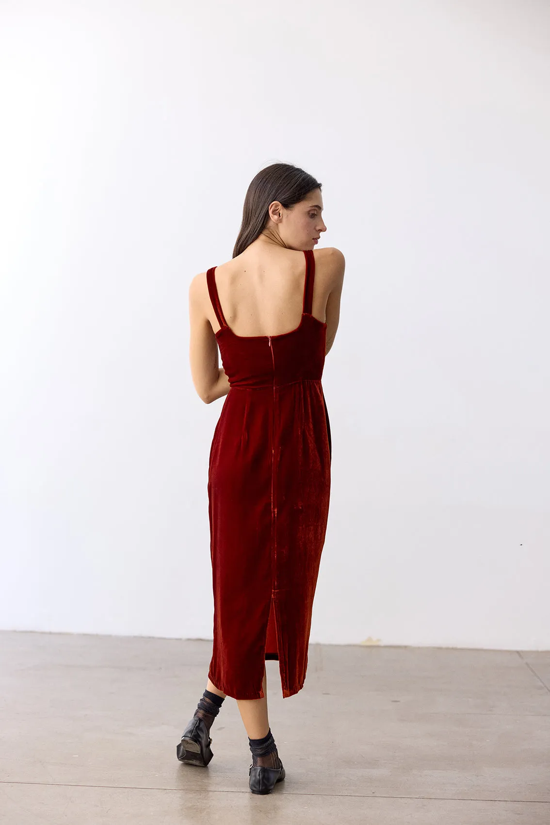 Silk Velvet Square Neck Dress - Paprika