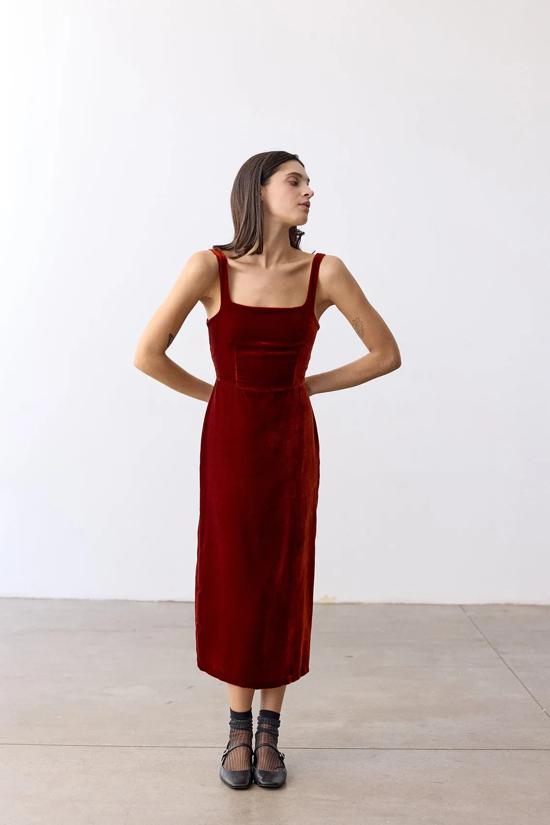 Silk Velvet Square Neck Dress - Paprika