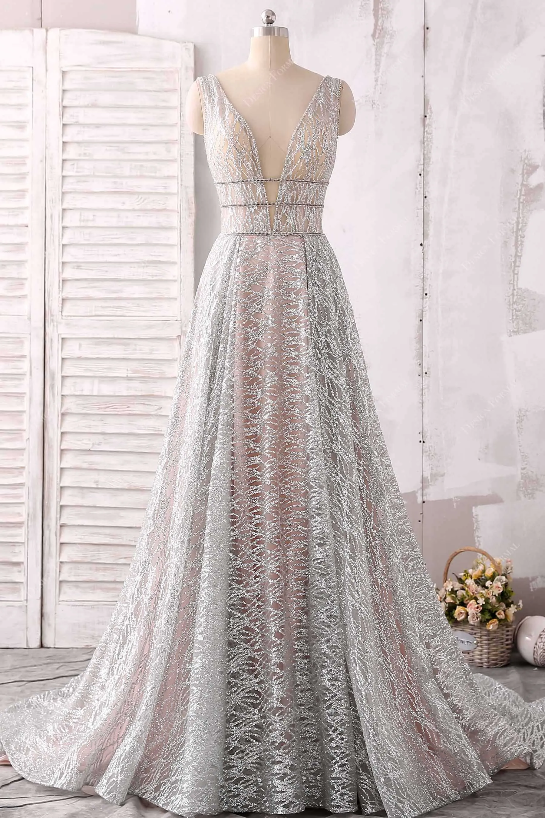 Silver Glitter Overlaid Rose Gold Plunging A-line Unique Dress