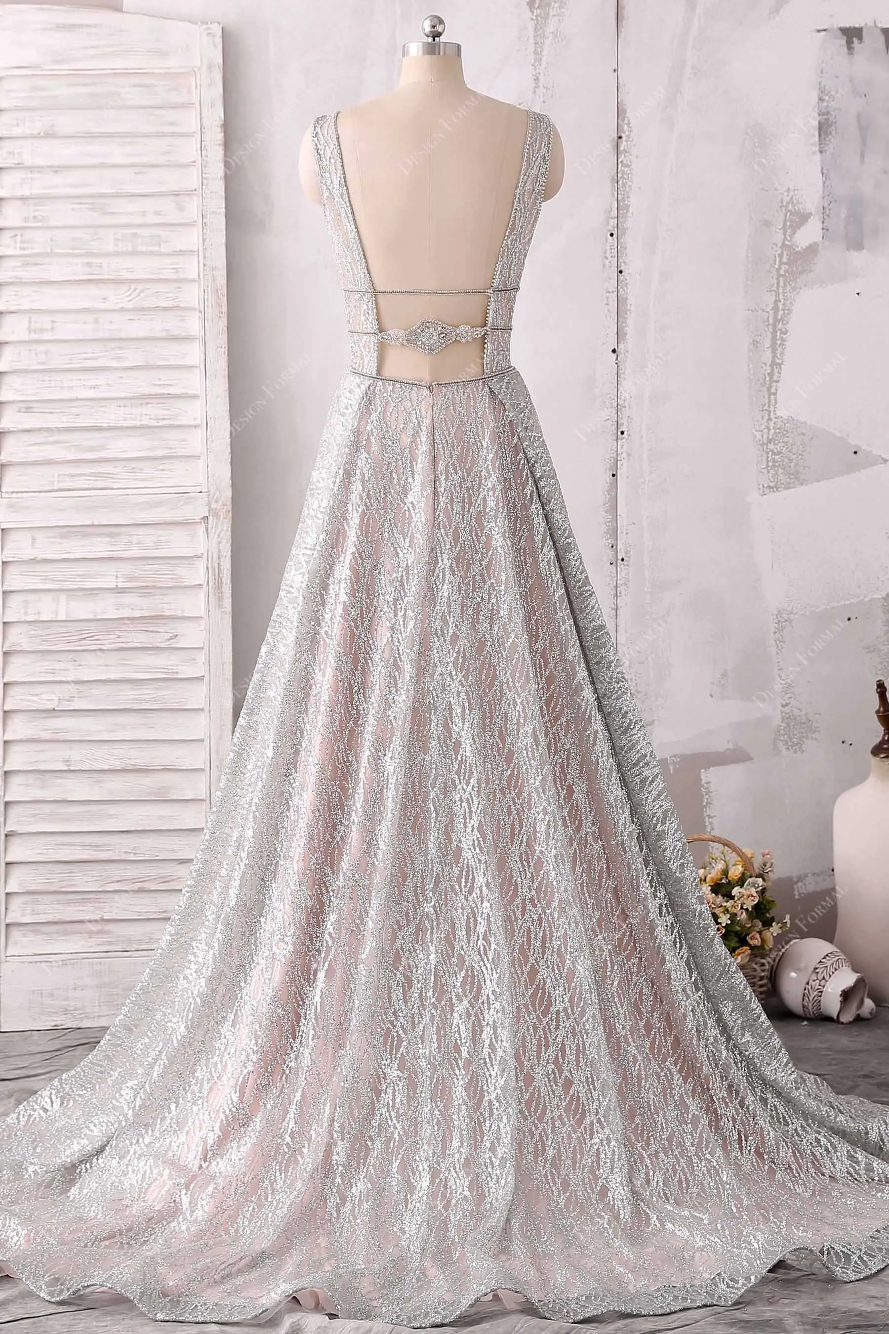 Silver Glitter Overlaid Rose Gold Plunging A-line Unique Dress