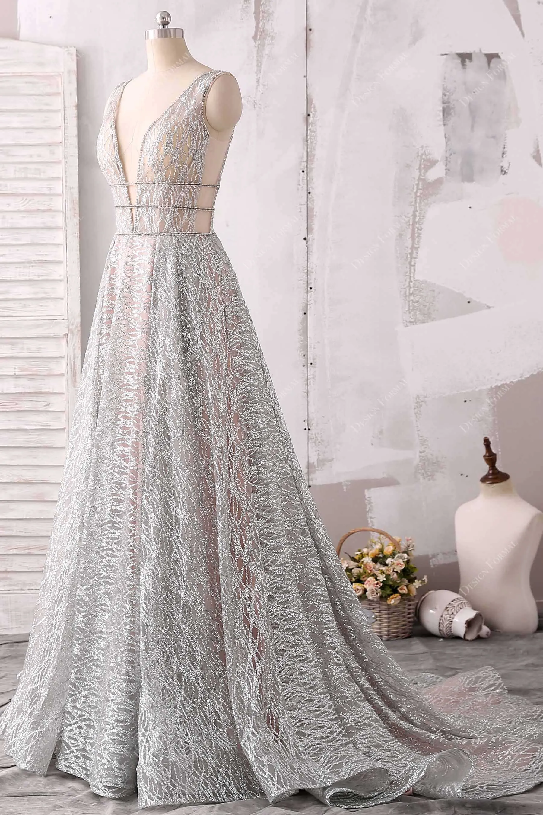 Silver Glitter Overlaid Rose Gold Plunging A-line Unique Dress