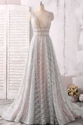 Silver Glitter Overlaid Rose Gold Plunging A-line Unique Dress