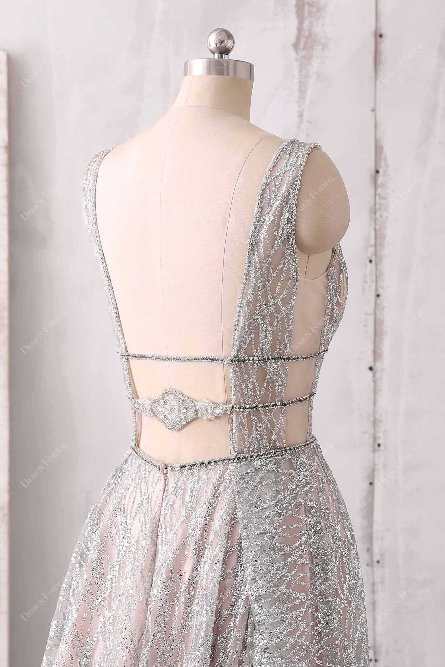 Silver Glitter Overlaid Rose Gold Plunging A-line Unique Dress