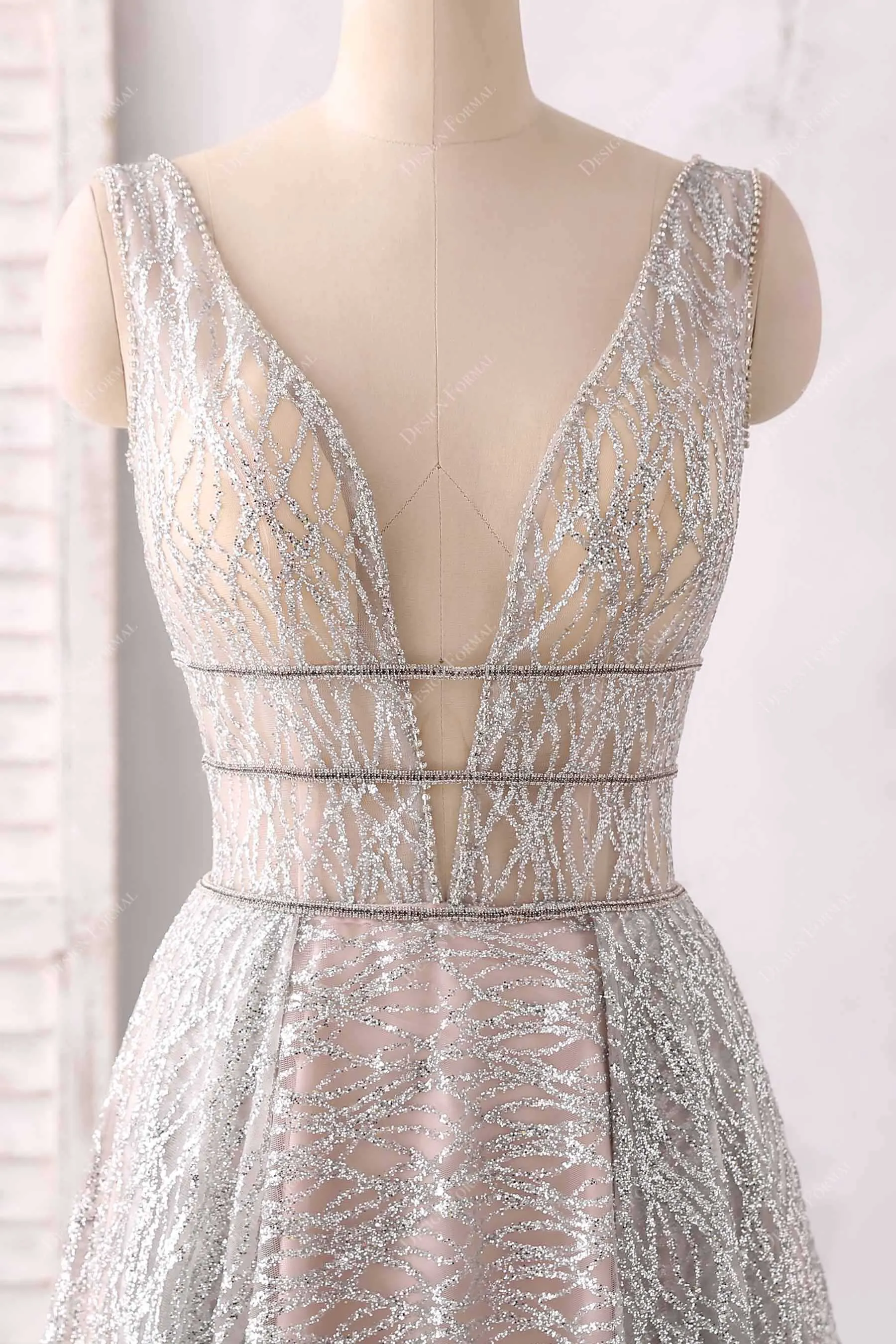 Silver Glitter Overlaid Rose Gold Plunging A-line Unique Dress