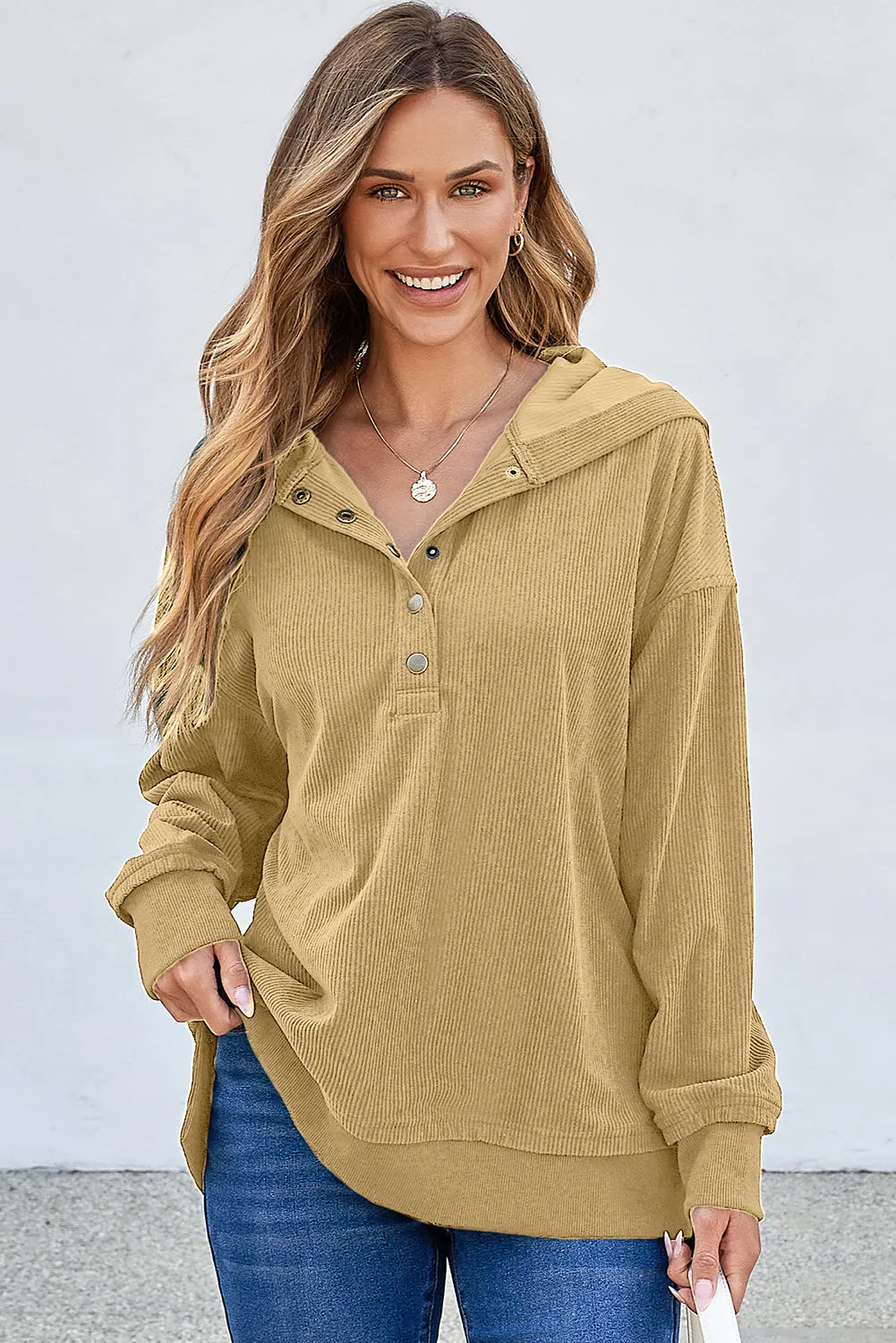 Simply Taupe Solid Ribbed Knit Buttoned Drop Shoulder Oversized Hoodie