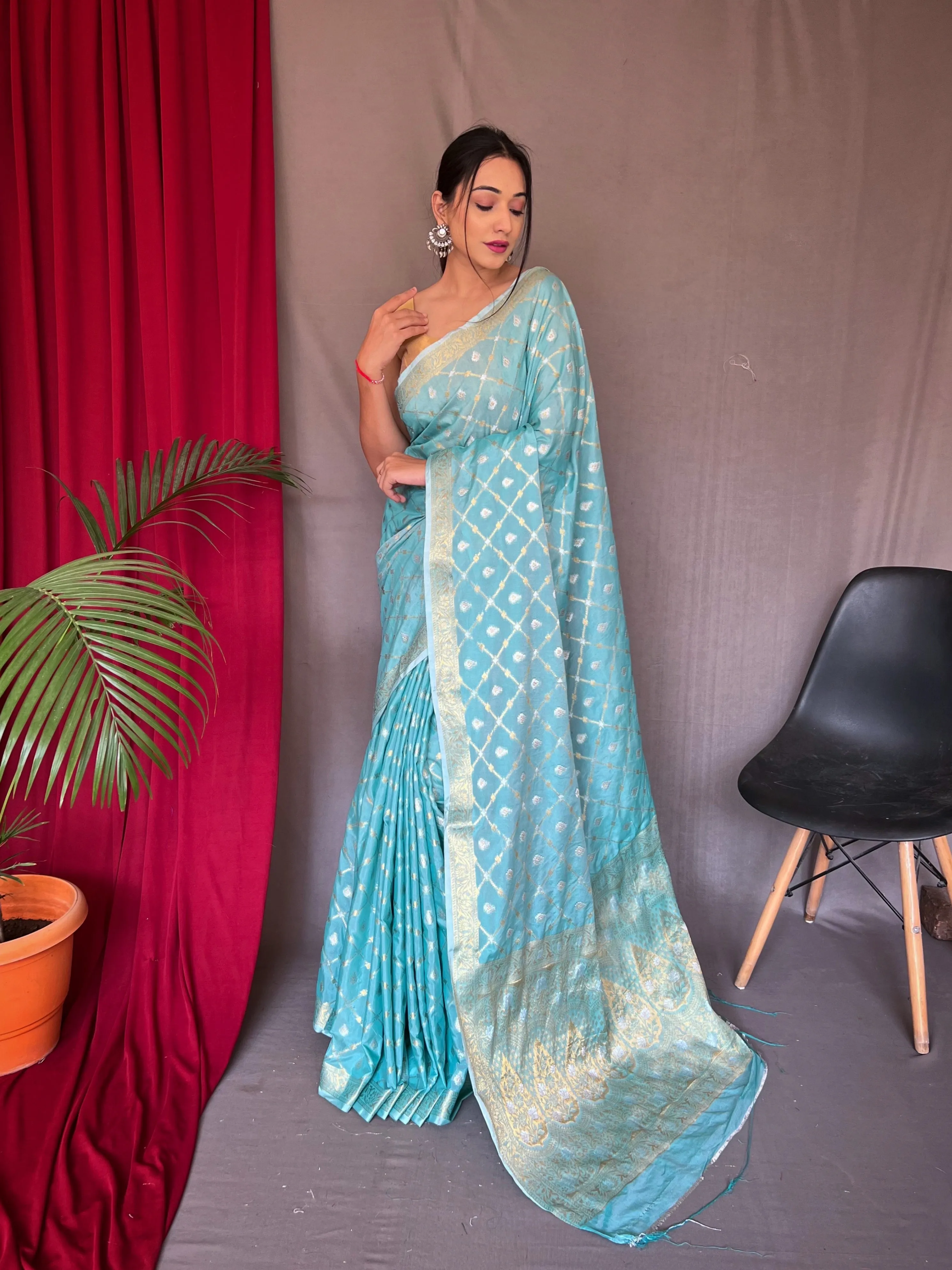 Sky Blue Saree in Cotton Rose Gold