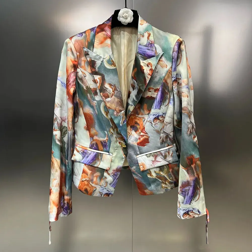 Slimming Casual Blazers For Women Notched Collar Long Sleeve Tunic Hit Color Printing Blazer Female Fashion