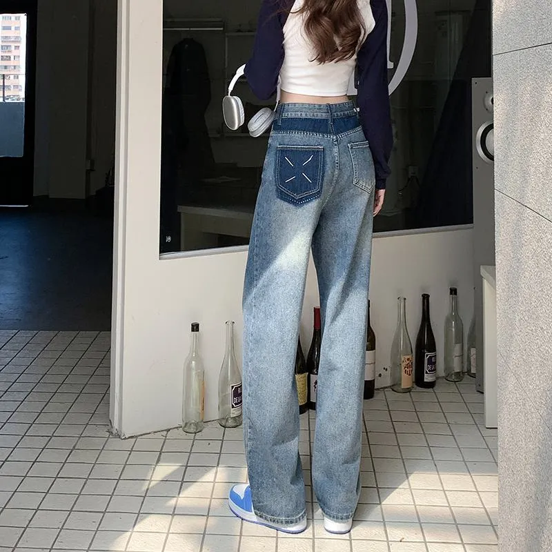 Slimming High-Waisted Lengthened Niche Floor-Length Pocket Patchwork Wide-Leg Jeans