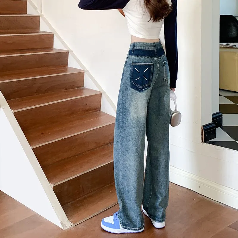 Slimming High-Waisted Lengthened Niche Floor-Length Pocket Patchwork Wide-Leg Jeans