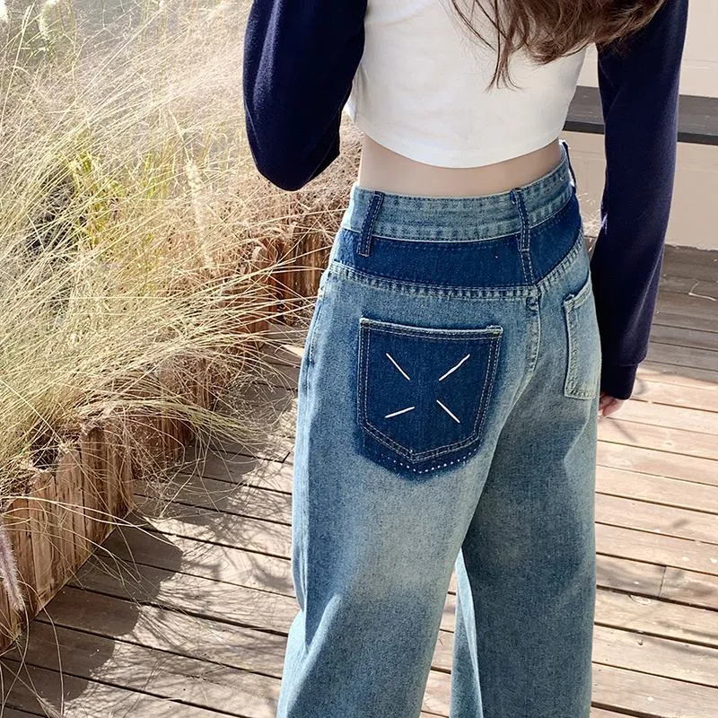 Slimming High-Waisted Lengthened Niche Floor-Length Pocket Patchwork Wide-Leg Jeans