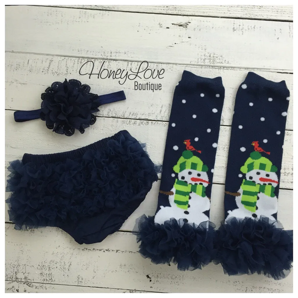 Snowman leg warmers, matching navy flower headband and ruffle bottom bloomers