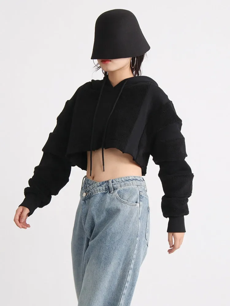 Solid Minimalist Sweatshirts For Women Hooded Long Sleeve Patchwork Drawstring Sweatshirt Female Fashion Clothing