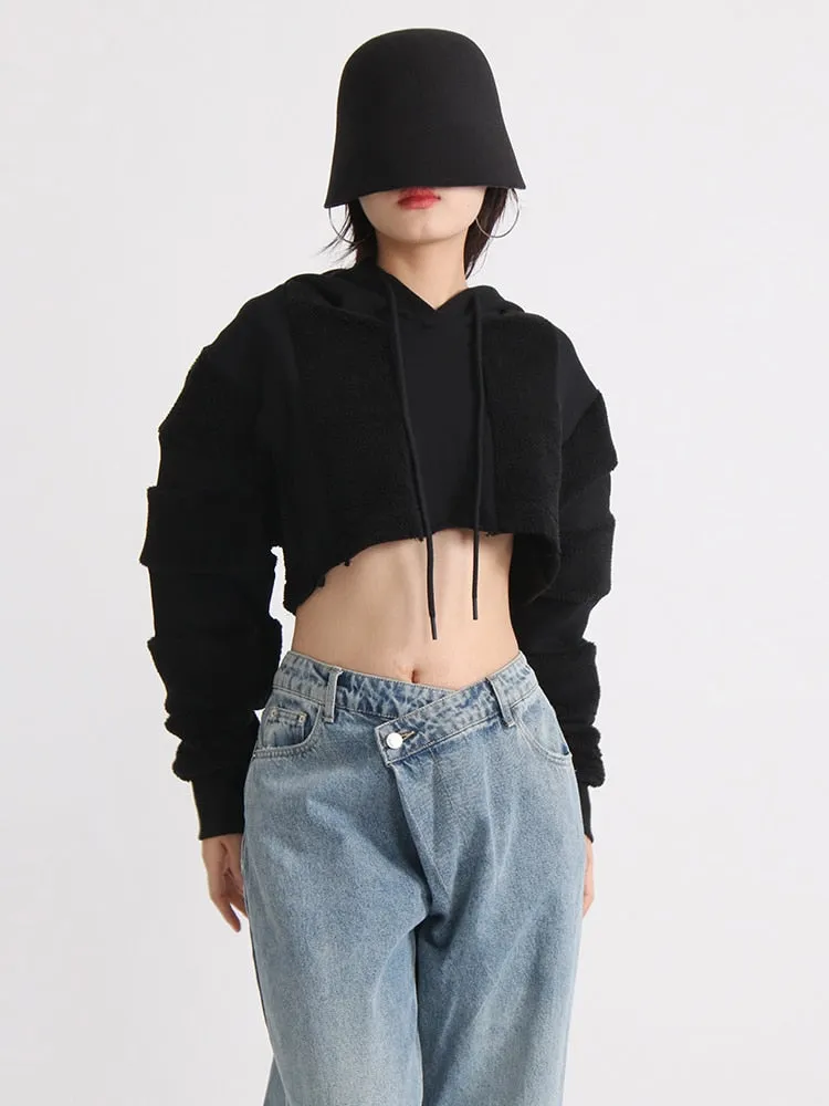 Solid Minimalist Sweatshirts For Women Hooded Long Sleeve Patchwork Drawstring Sweatshirt Female Fashion Clothing