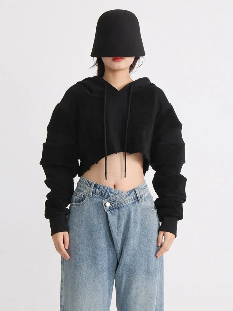 Solid Minimalist Sweatshirts For Women Hooded Long Sleeve Patchwork Drawstring Sweatshirt Female Fashion Clothing