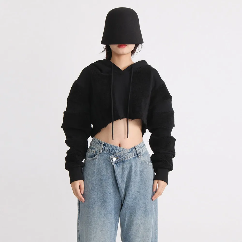 Solid Minimalist Sweatshirts For Women Hooded Long Sleeve Patchwork Drawstring Sweatshirt Female Fashion Clothing