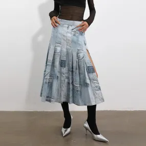 Solid Patchwork Pleated Elegant Denim Skirts For Women High Waist Vintage Split Skirt Female Fashion Clothing