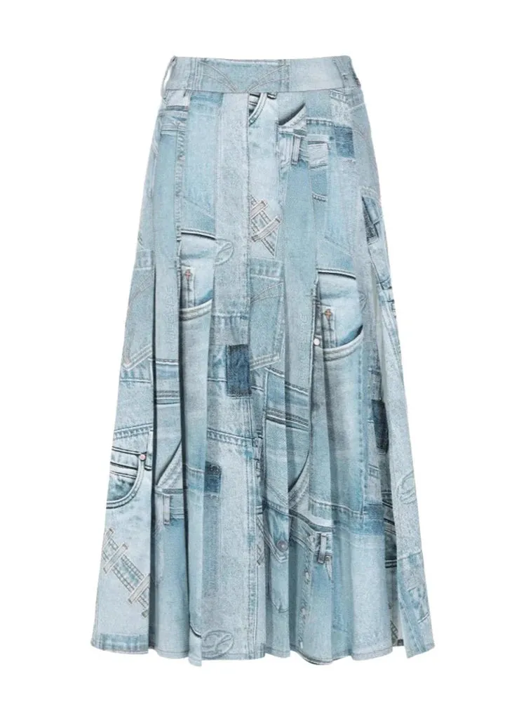 Solid Patchwork Pleated Elegant Denim Skirts For Women High Waist Vintage Split Skirt Female Fashion Clothing