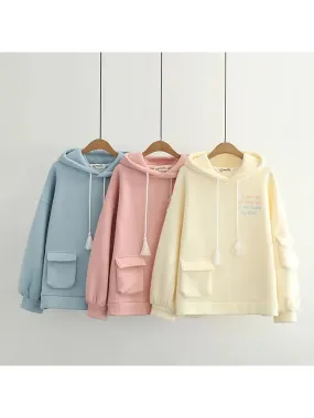 Solid Pink Letter Embroidery Fleece Thic Hoodies And Sweatshirts Winter Long Sleeve Pocket Hooded Pullover Sweet Tracksuits