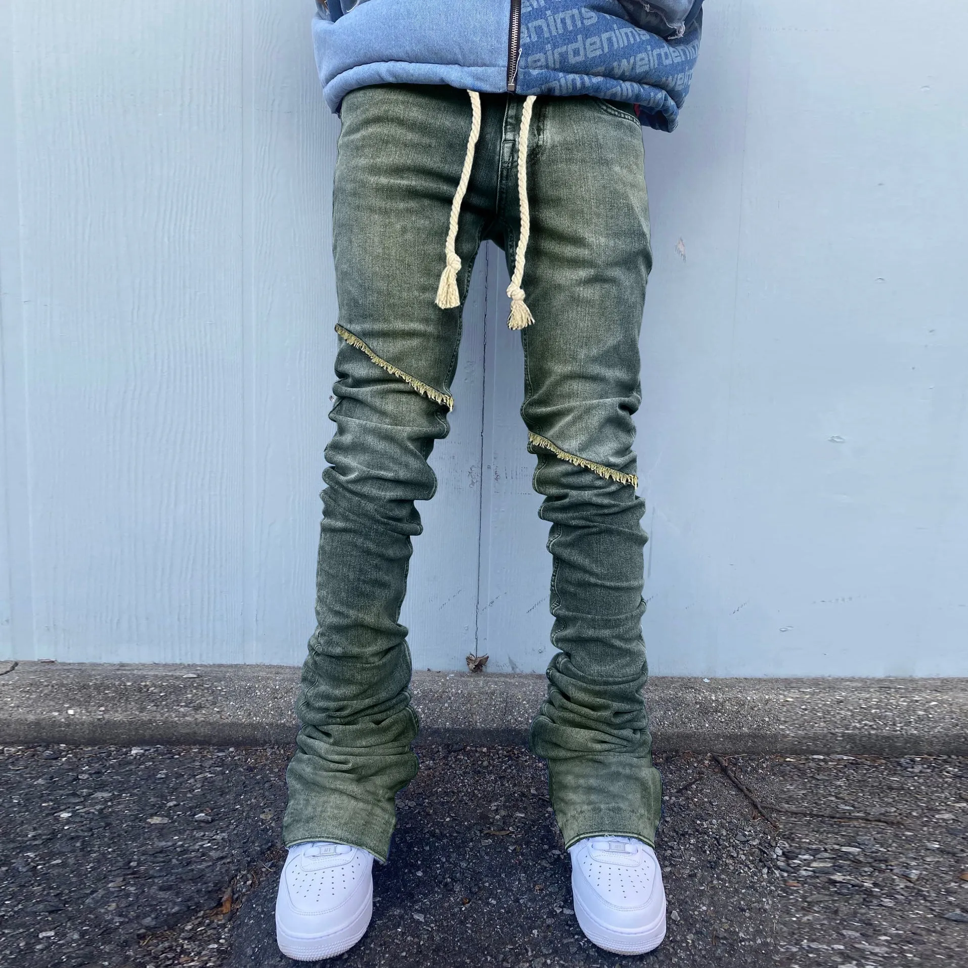 Street Hip Hop Straight-leg Stitching Raw Edge Jeans