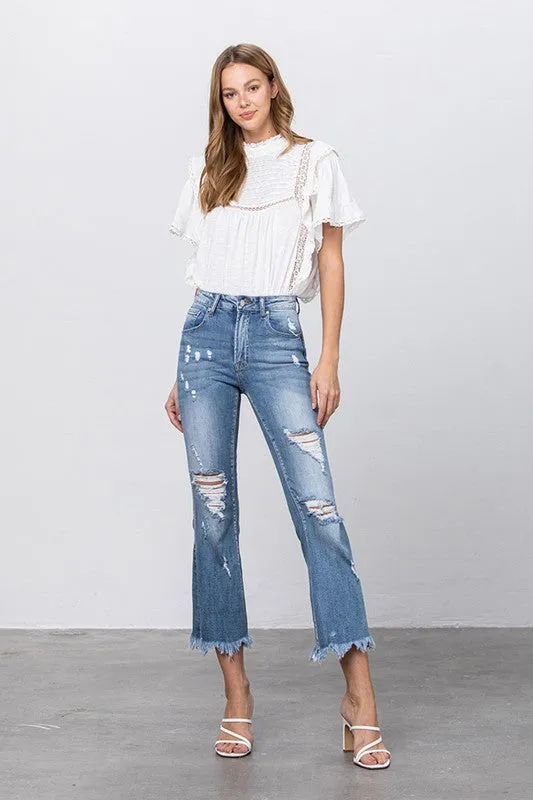 Stretch Mid Rise Crop Flare Jeans