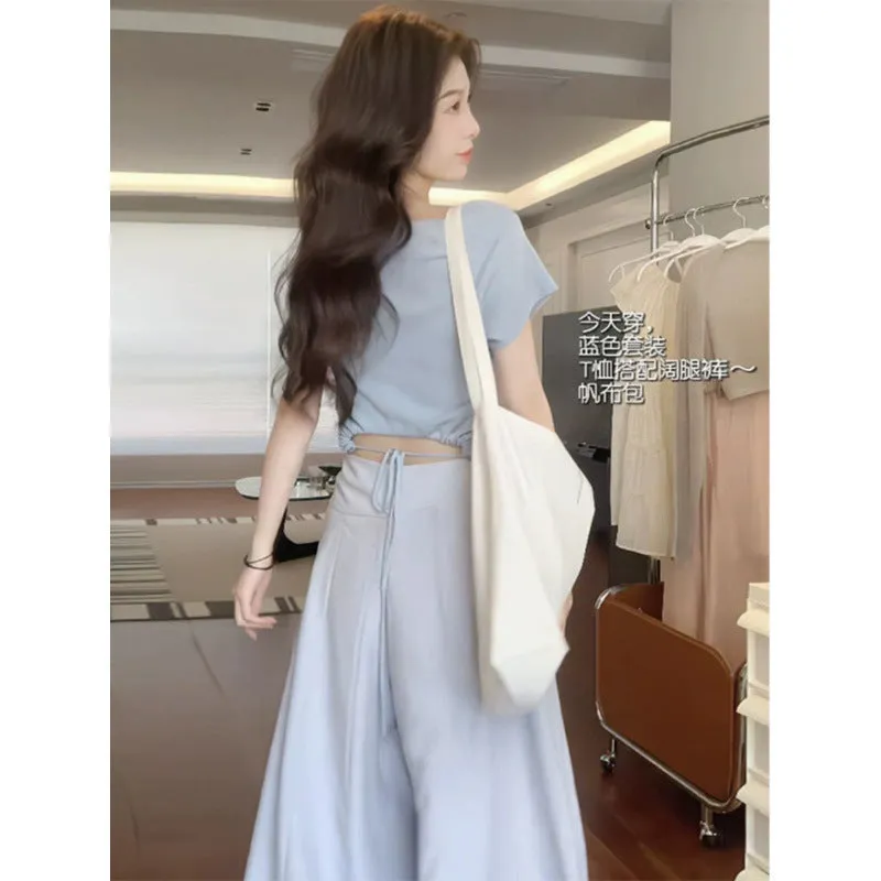 Summer Clothes Two-Piece Suit Simple All-Match T-shirt Korean Drama Women Wear Blue Wide-Leg Pants Light Luxury High Sense Suit Women