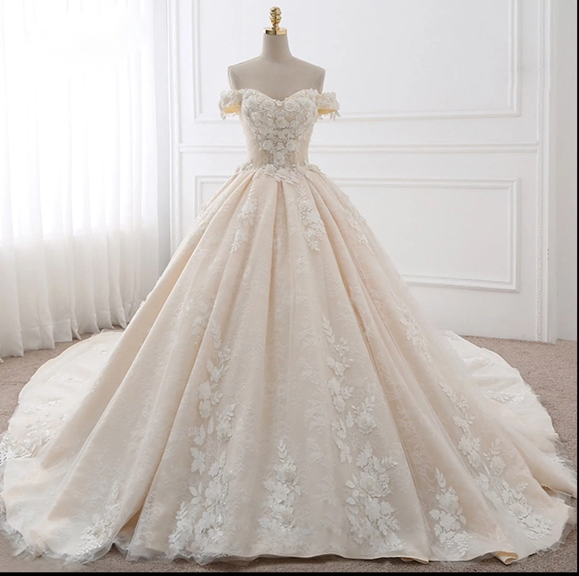 Sweetheart Lace Flower Pearl Beaded A-Line Wedding Dress Bridal Ball Gown