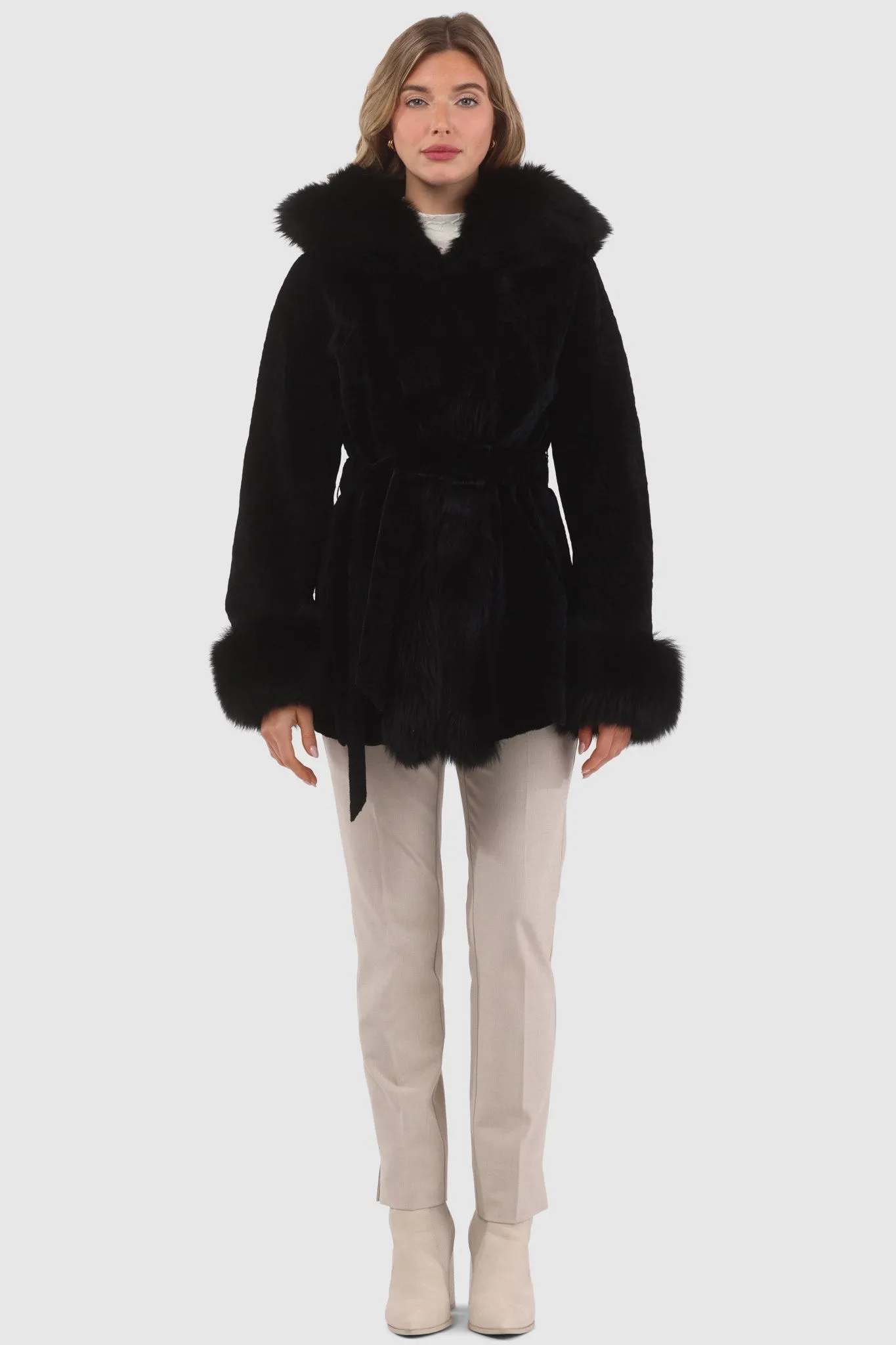 Textured Shearling Lamb Reversible Parka with Merinillo Shearling Lamb Hood Trim, Tuxedo, Cuffs & Belt