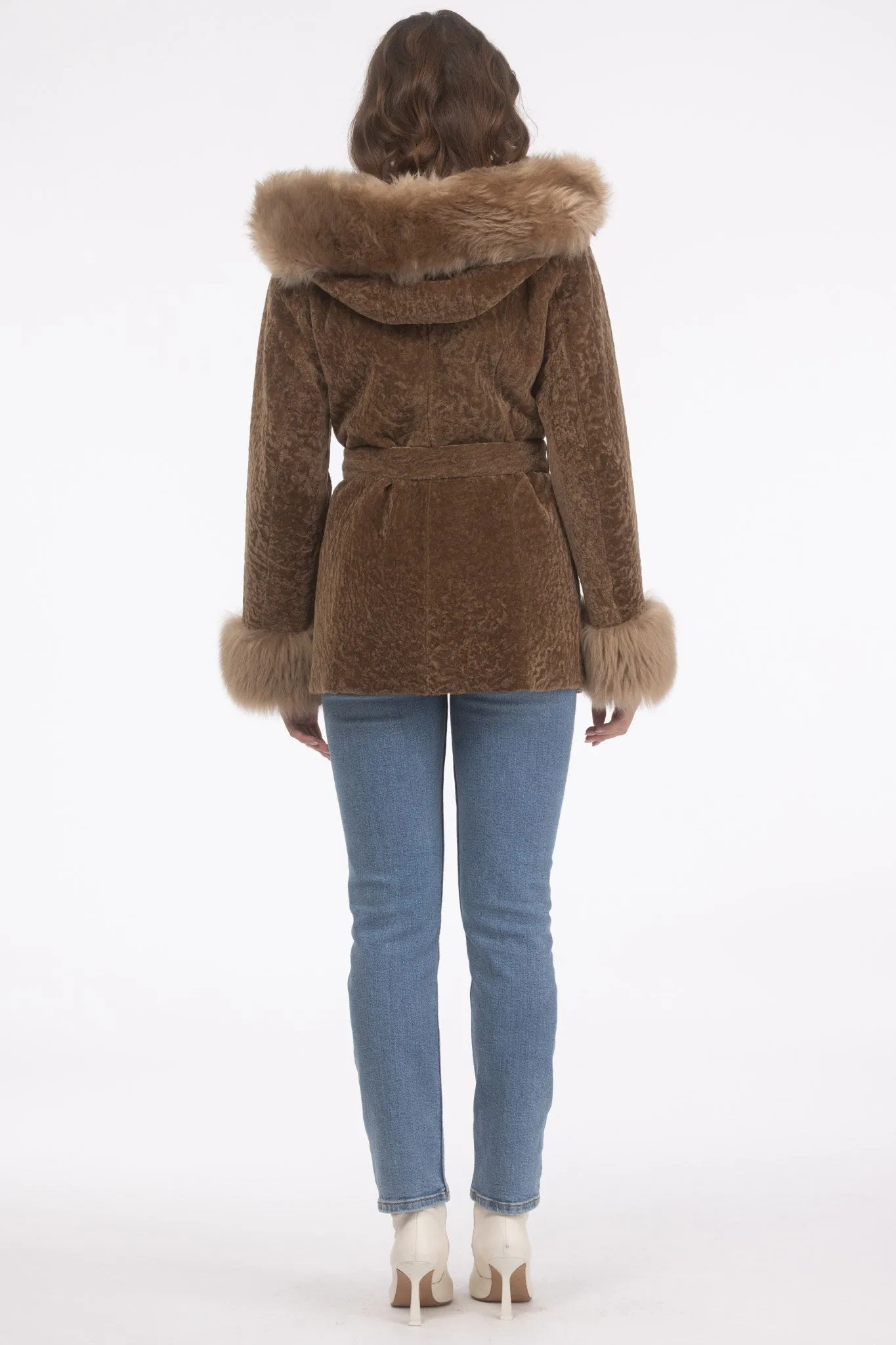 Textured Shearling Lamb Reversible Parka with Merinillo Shearling Lamb Hood Trim, Tuxedo, Cuffs & Belt