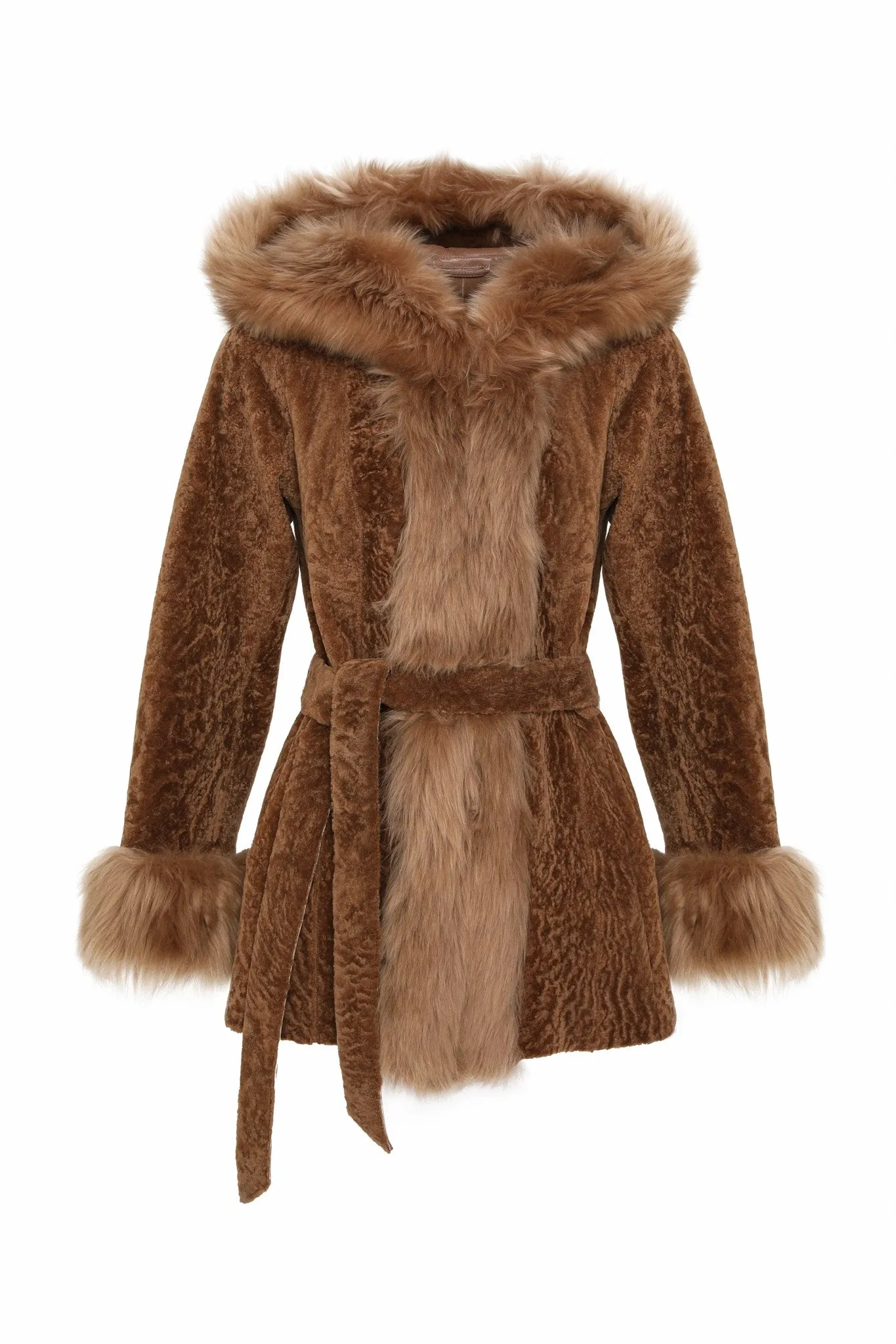 Textured Shearling Lamb Reversible Parka with Merinillo Shearling Lamb Hood Trim, Tuxedo, Cuffs & Belt