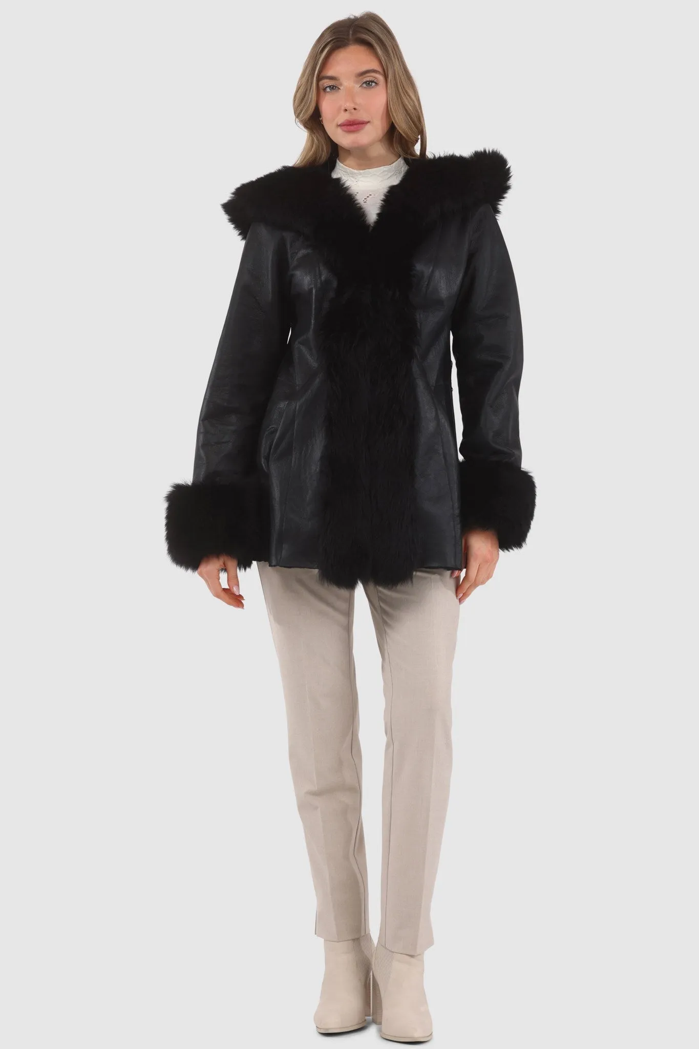 Textured Shearling Lamb Reversible Parka with Merinillo Shearling Lamb Hood Trim, Tuxedo, Cuffs & Belt