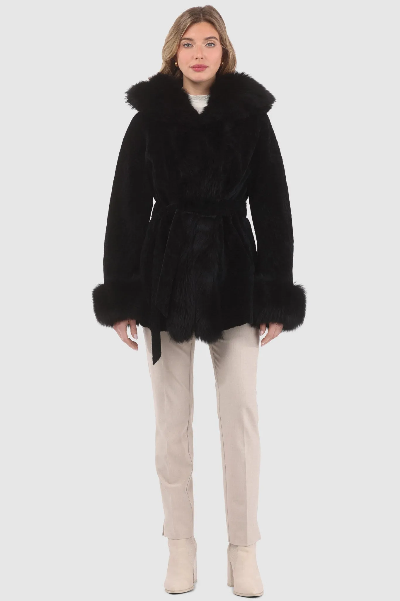 Textured Shearling Lamb Reversible Parka with Merinillo Shearling Lamb Hood Trim, Tuxedo, Cuffs & Belt