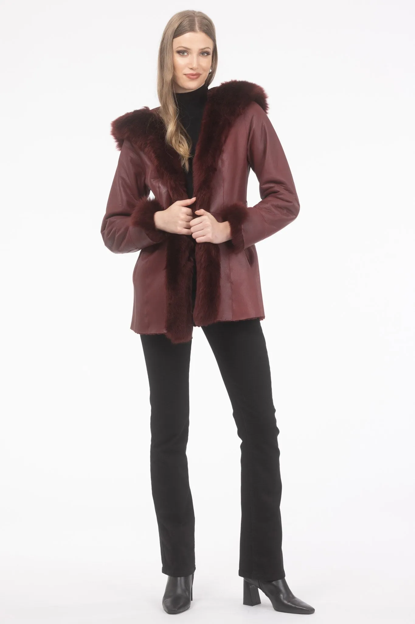 Textured Shearling Lamb Reversible Parka with Merinillo Shearling Lamb Hood Trim, Tuxedo, Cuffs & Belt