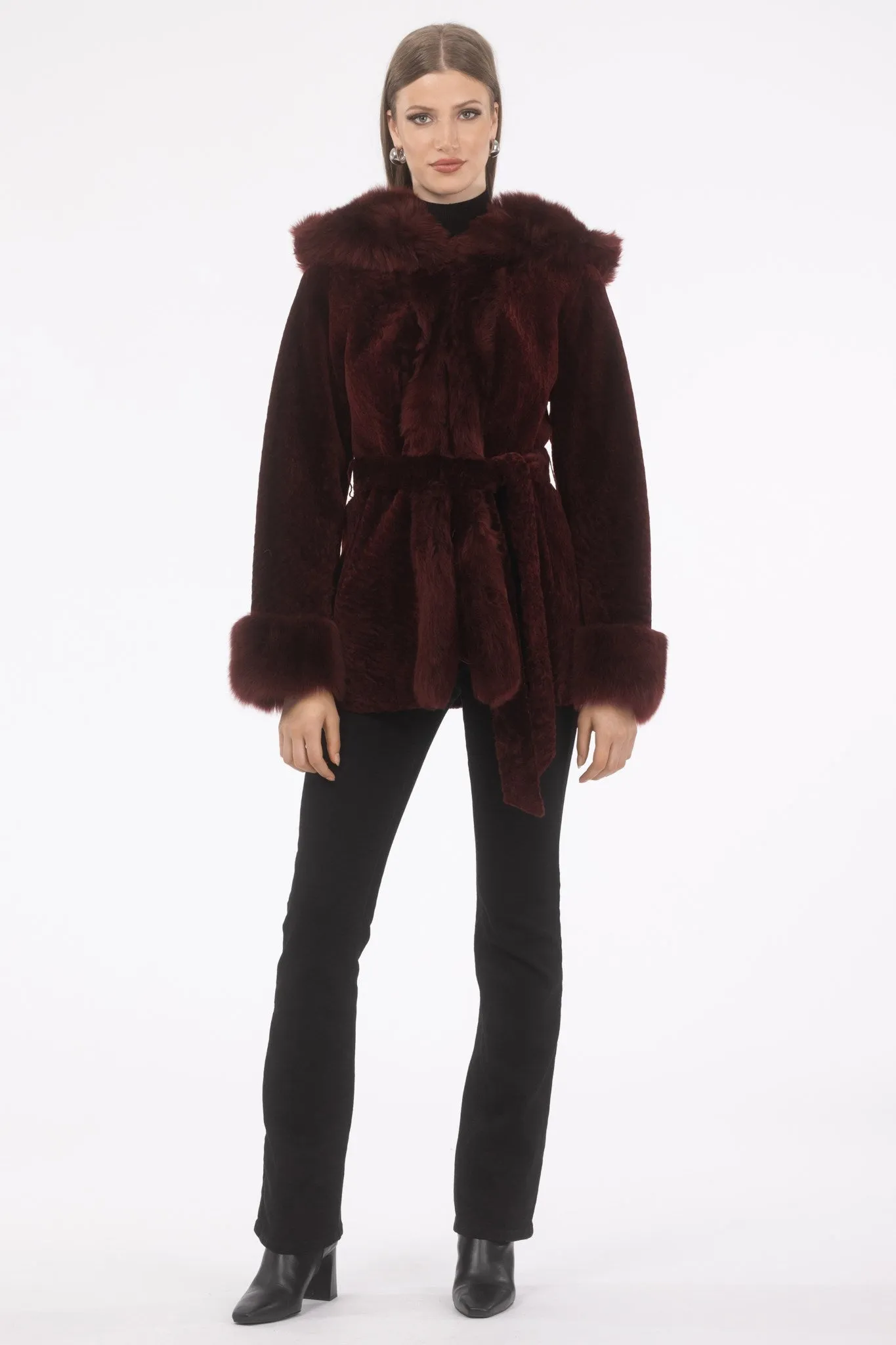 Textured Shearling Lamb Reversible Parka with Merinillo Shearling Lamb Hood Trim, Tuxedo, Cuffs & Belt