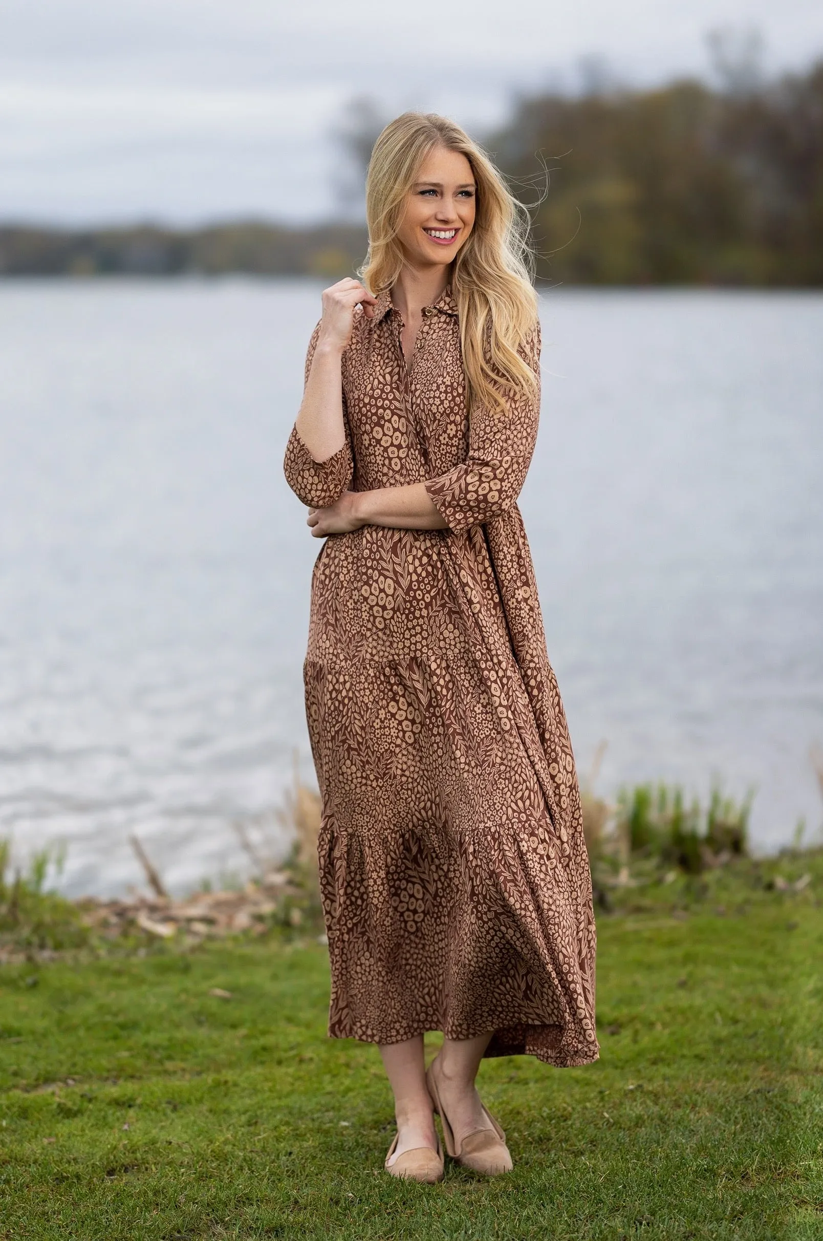 The Merritt Midi Dress in Mocha Forest